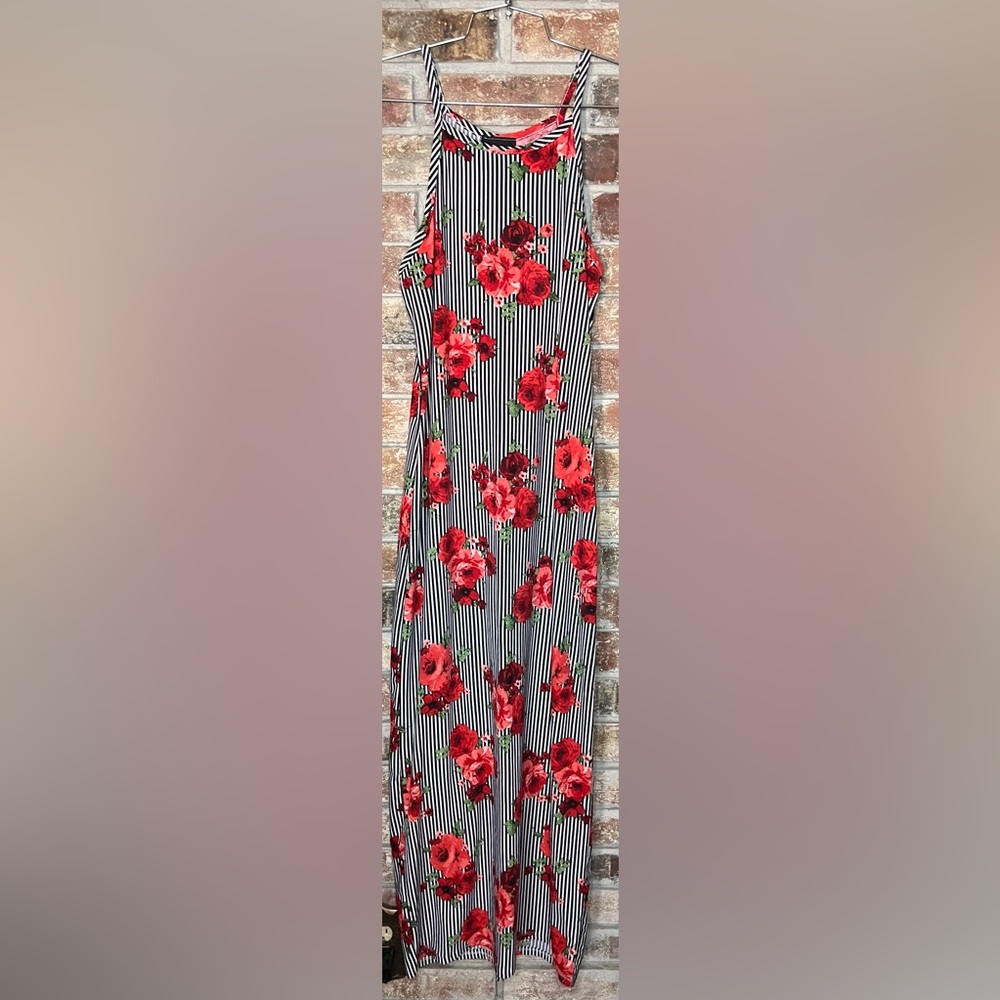 Black & White Striped Red Floral Halter Top Maxi Dress